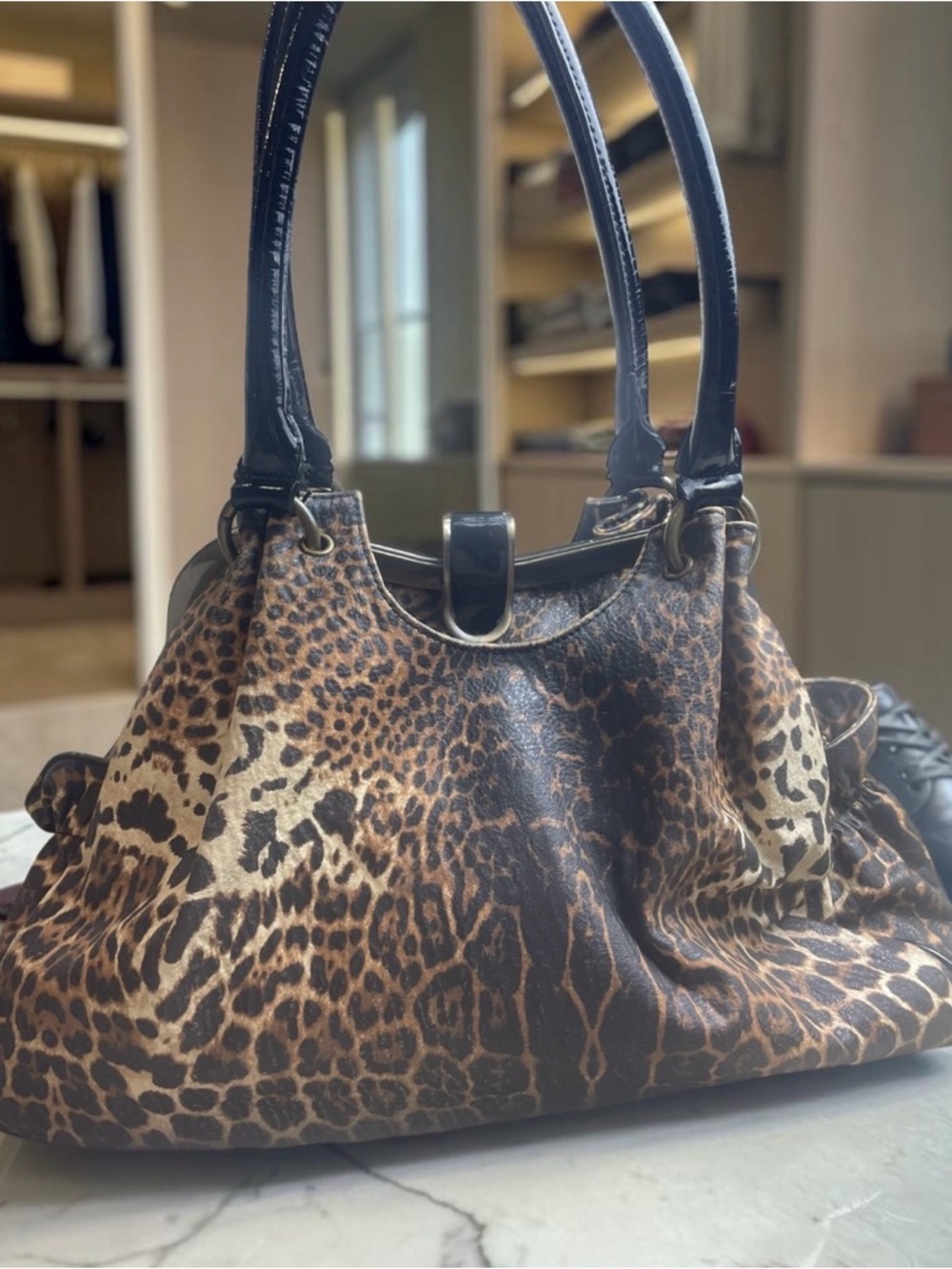 Jessica Simpson Black Leather Handbag Animal Print Bow Lots Of Pockets 12" X 9"